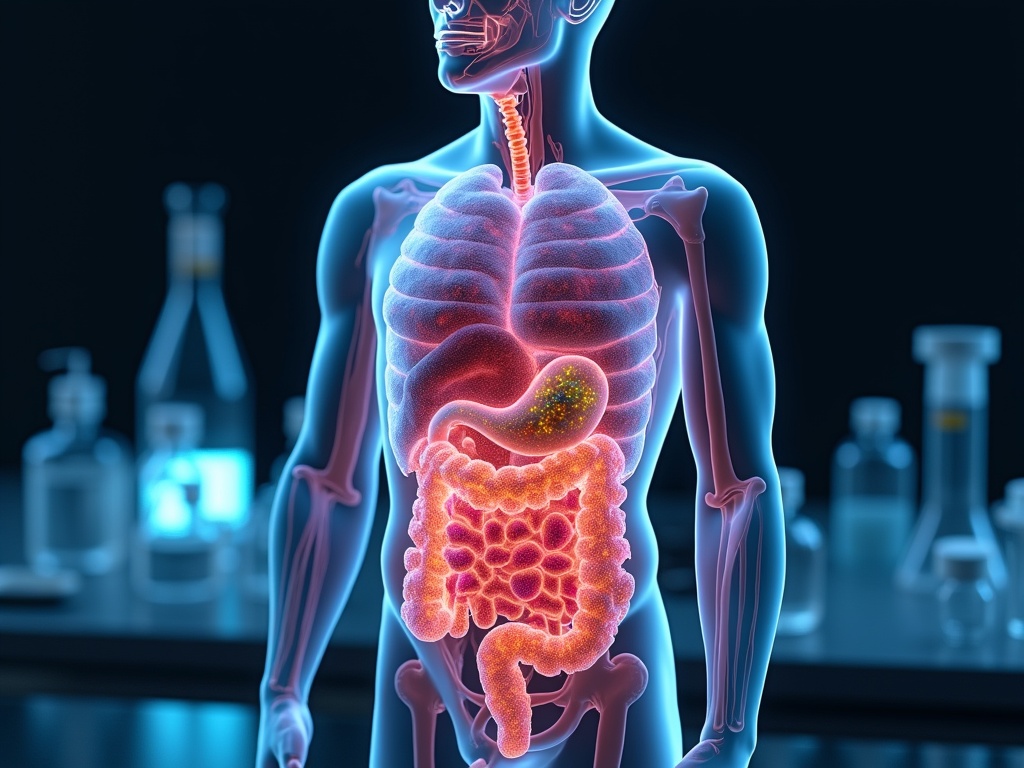 Glowing model of human gut microbiome inside a transparent torso in a dim biomedical lab, dramatically lit by LED spotlights highlighting colorful microbial clusters, with blurred lab tools in background.