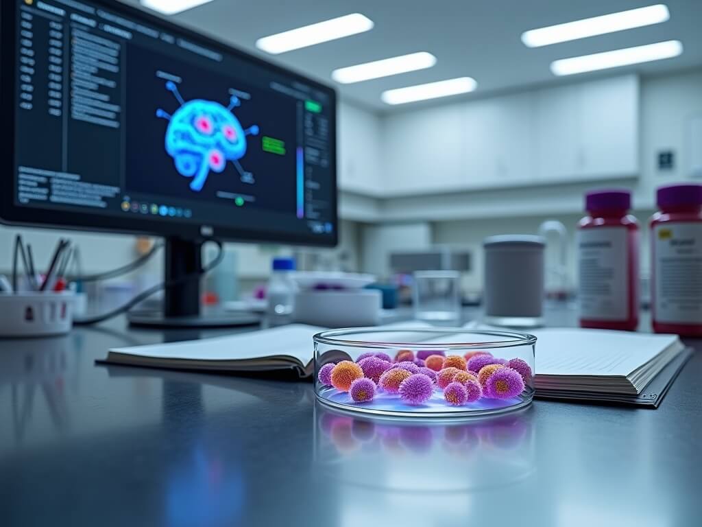 Close-up of a modern neuroscience lab workstation with a Petri dish of colorful microbial colonies, a monitor displaying a 3D serotonin molecule, precision tools, a research notebook and background of sterile lab equipment.
