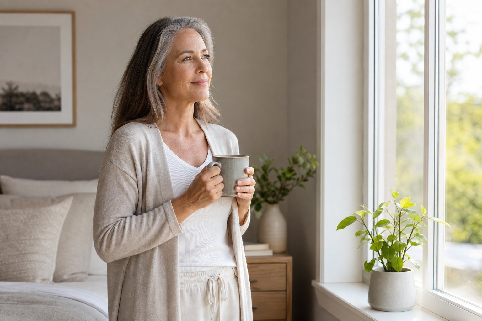 A mature woman stands by a bright window holding a mug, appearing calm and thoughtful in a tidy bedroom.