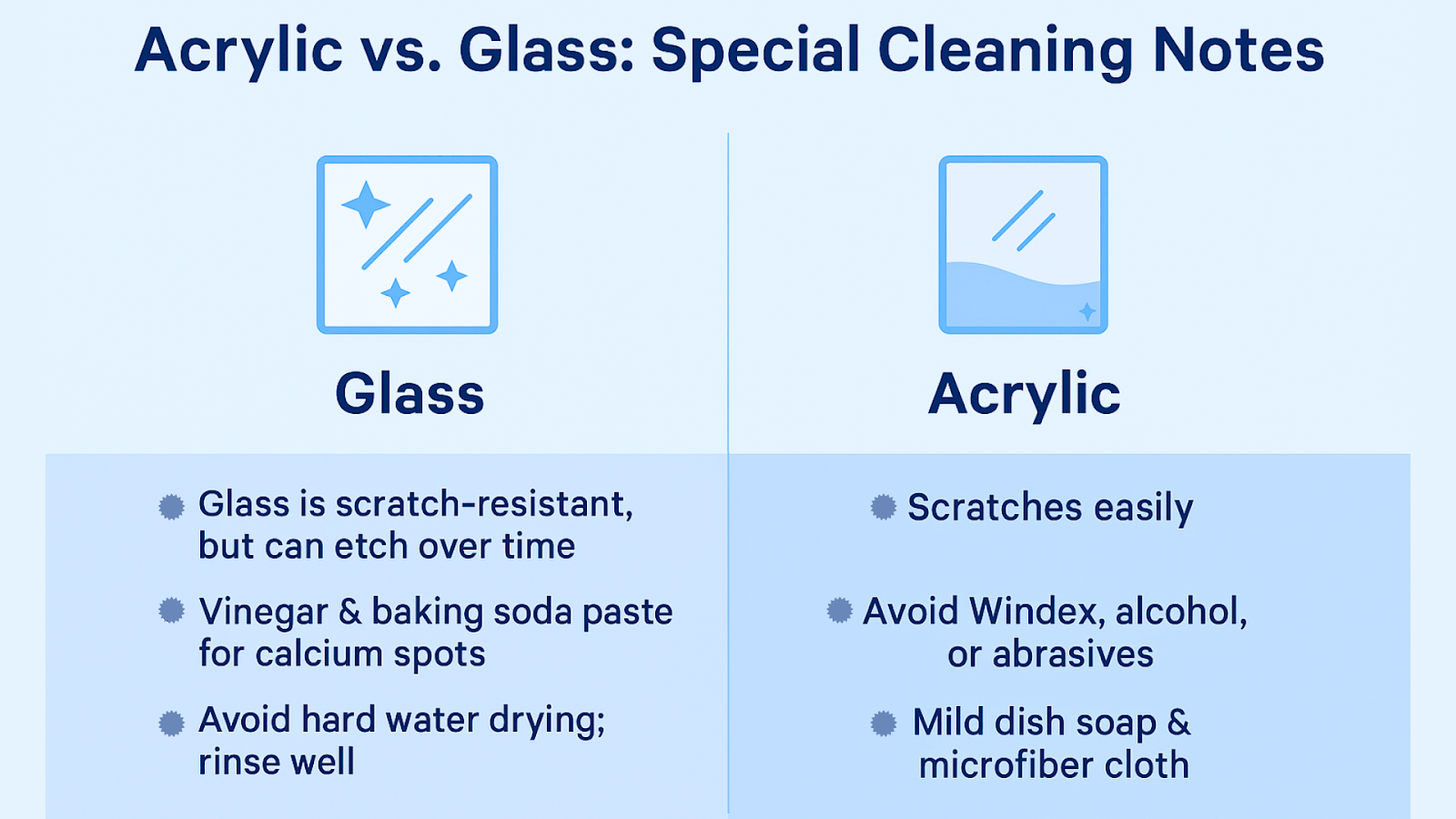 Infographic showing cleaning differences between glass and acrylic pool windows.