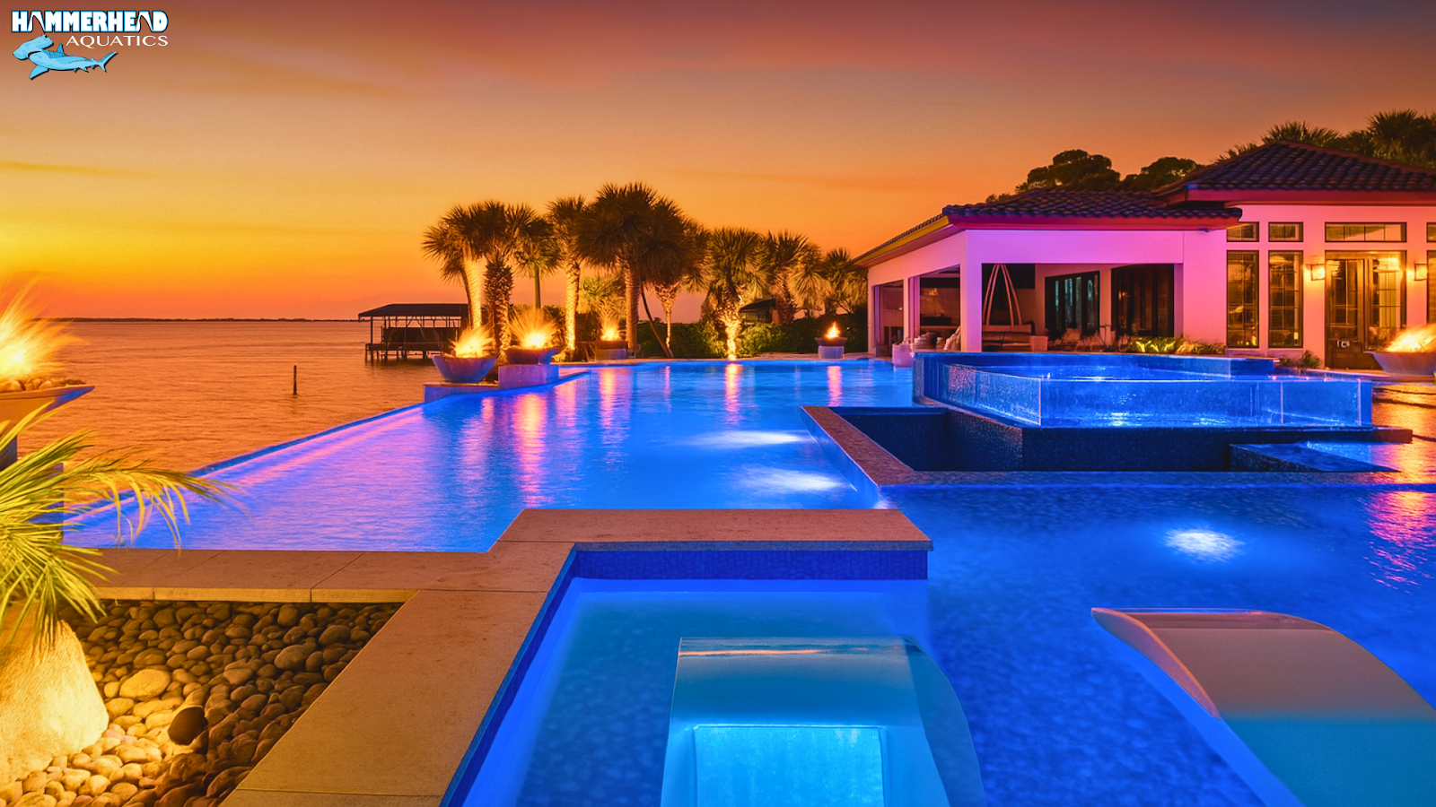 Sunset view through a perfectly maintained luxury pool window