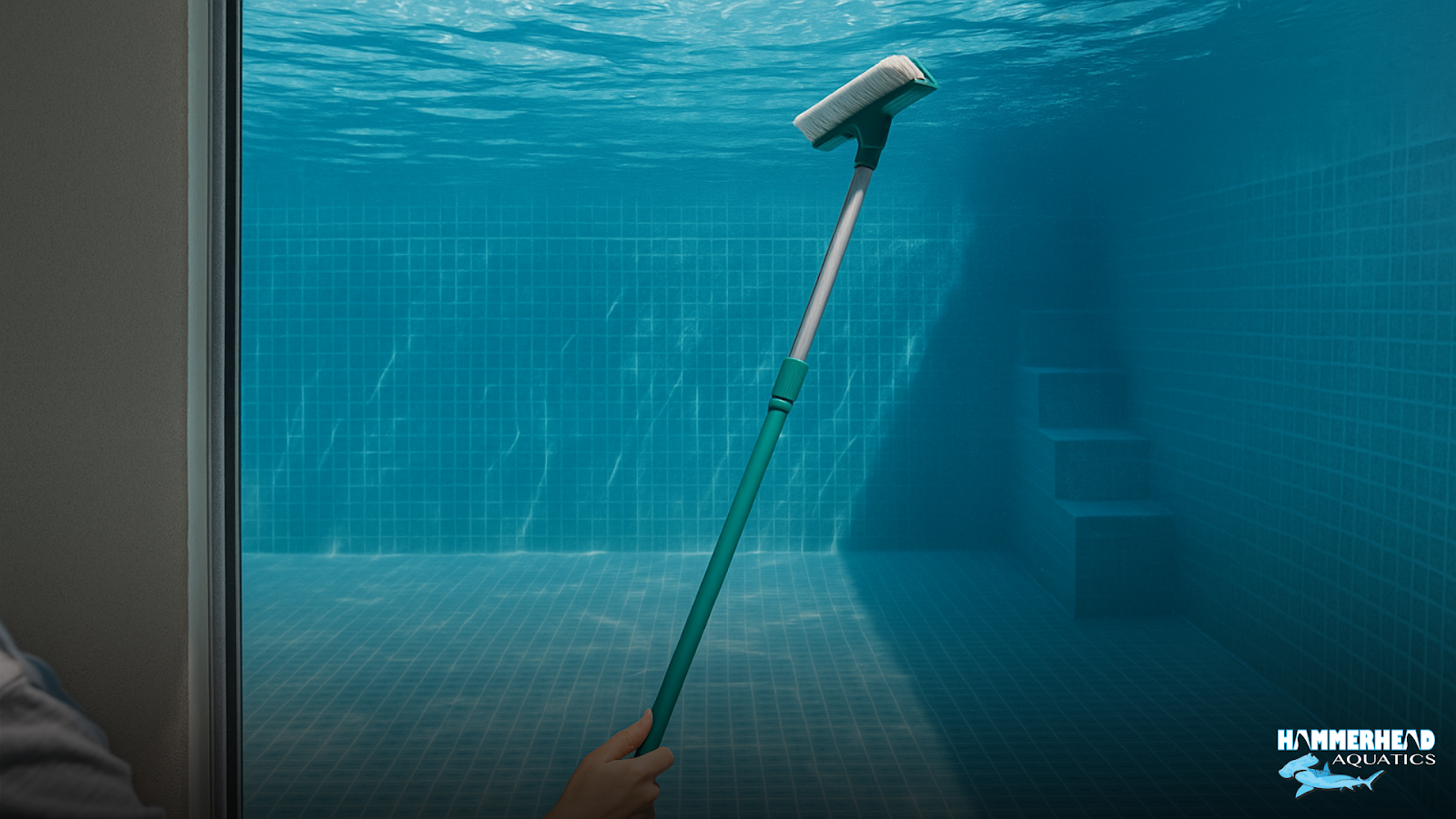 Underwater windows cleaning of pool window using telescopic pole and sponge.