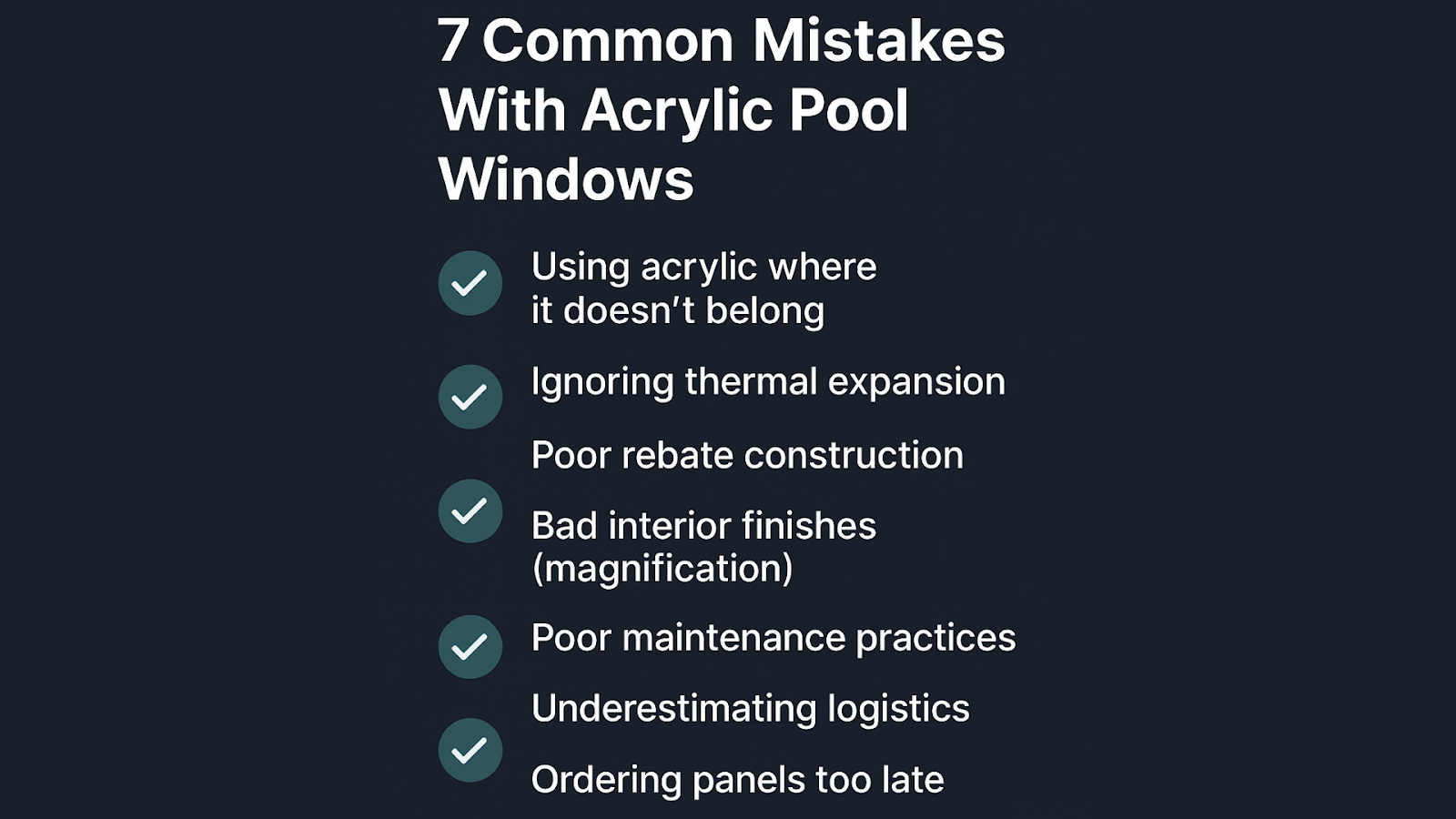 Checklist summarizing common mistakes with acrylic pool windows