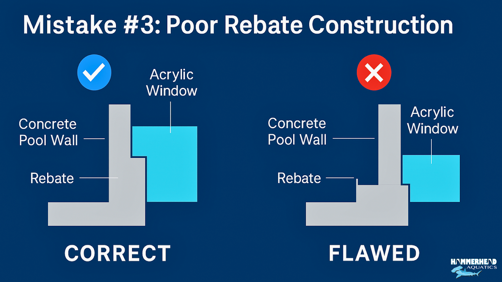 Correct vs incorrect rebate construction for acrylic pool windows.
