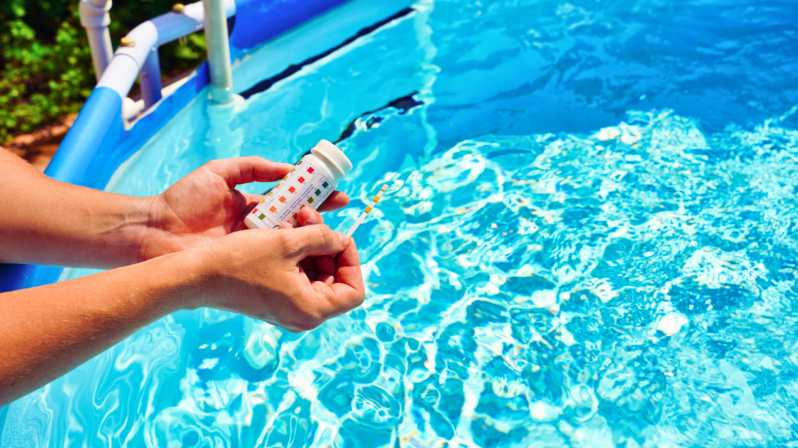 Person dipping pool water test strip for quick daily check