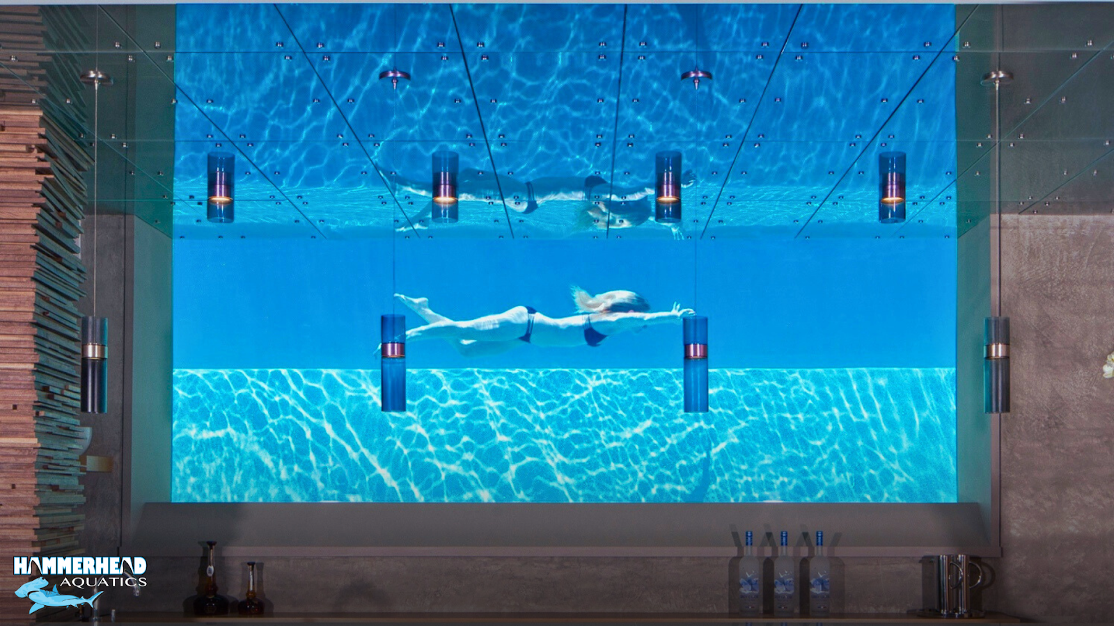 Pool window creating visual impact with water reflections.