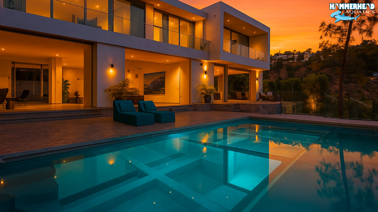 Sunset view through a perfectly maintained pool window