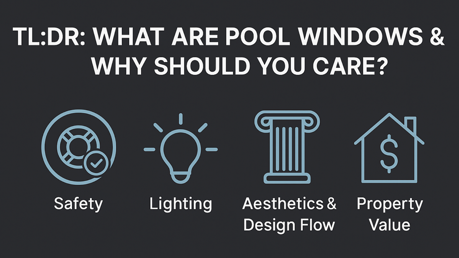 Checklist summarizing the key benefits of installing pool windows.