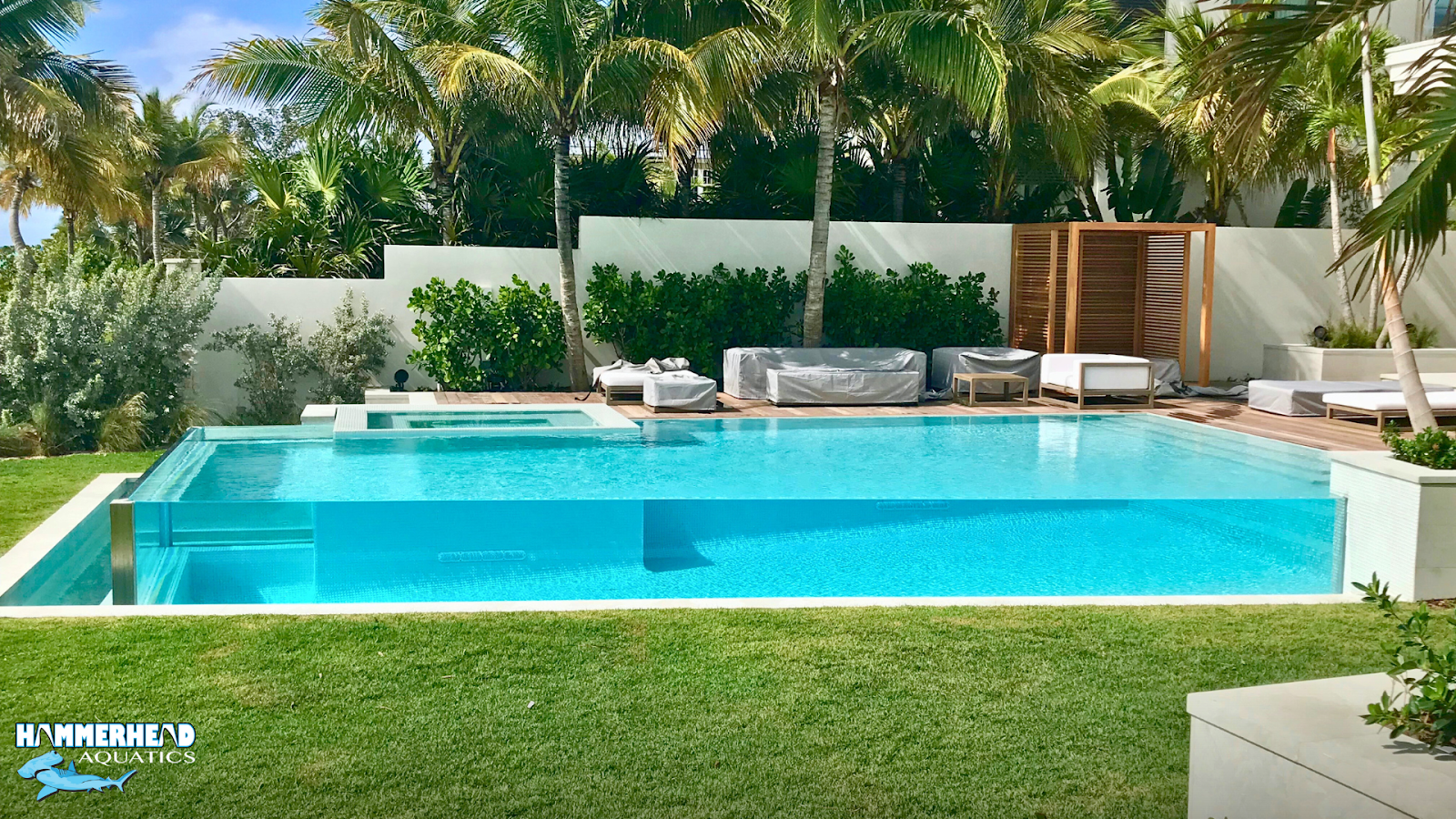 Luxury pool featuring a clear acrylic window with underwater view.