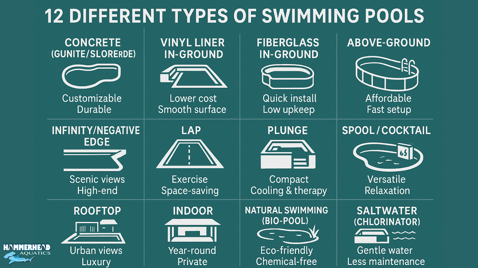 Infographic summarizing 12 swimming pool types and their key benefits.