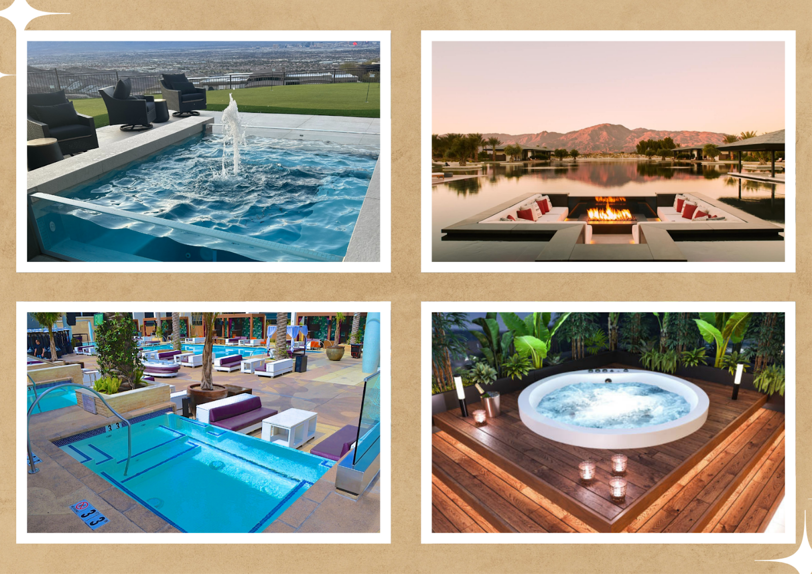 Collage of different types of swimming pools: infinity, lap, plunge, rooftop