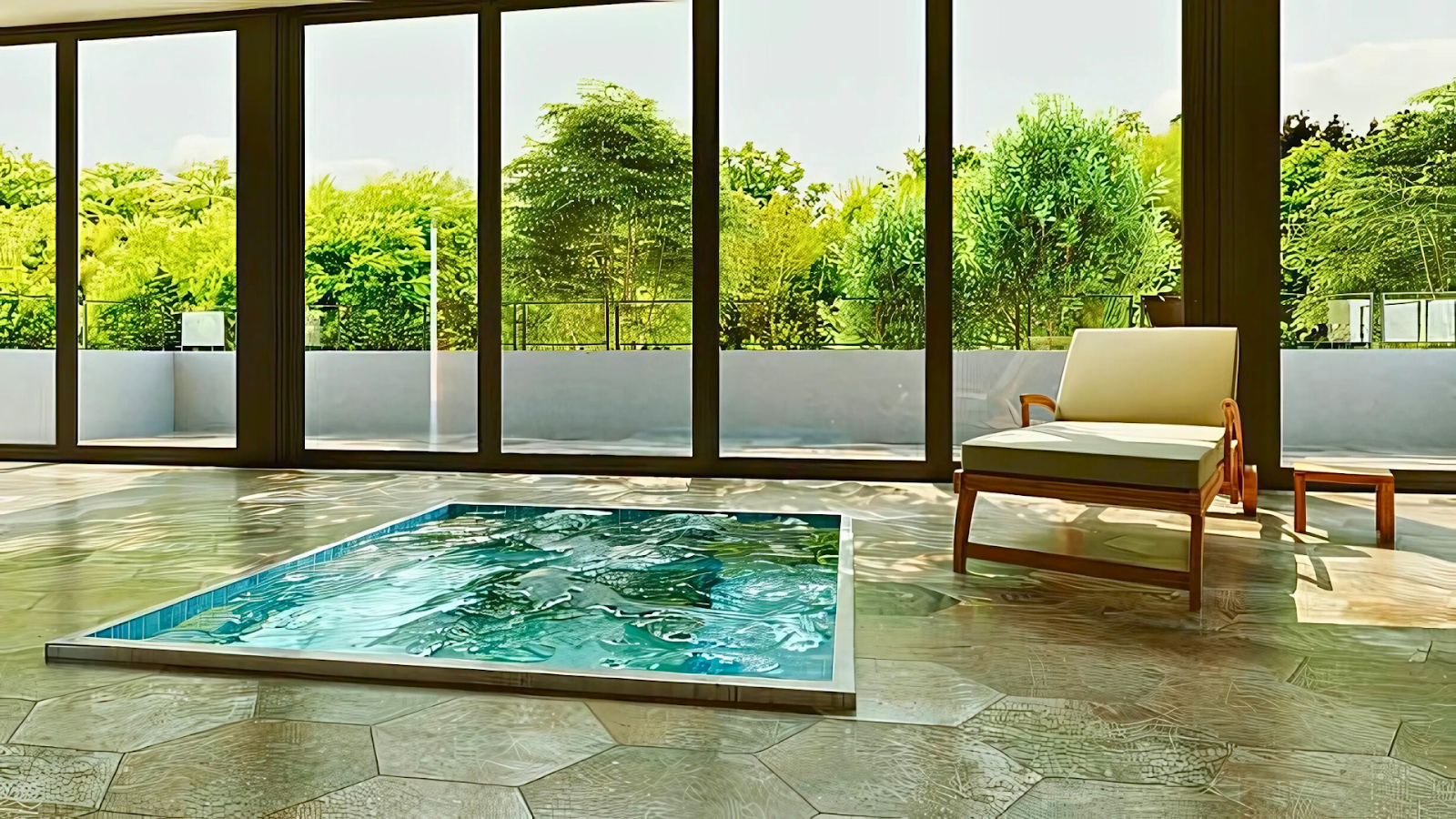 Compact plunge pool in a courtyard for cooling and hydrotherapy