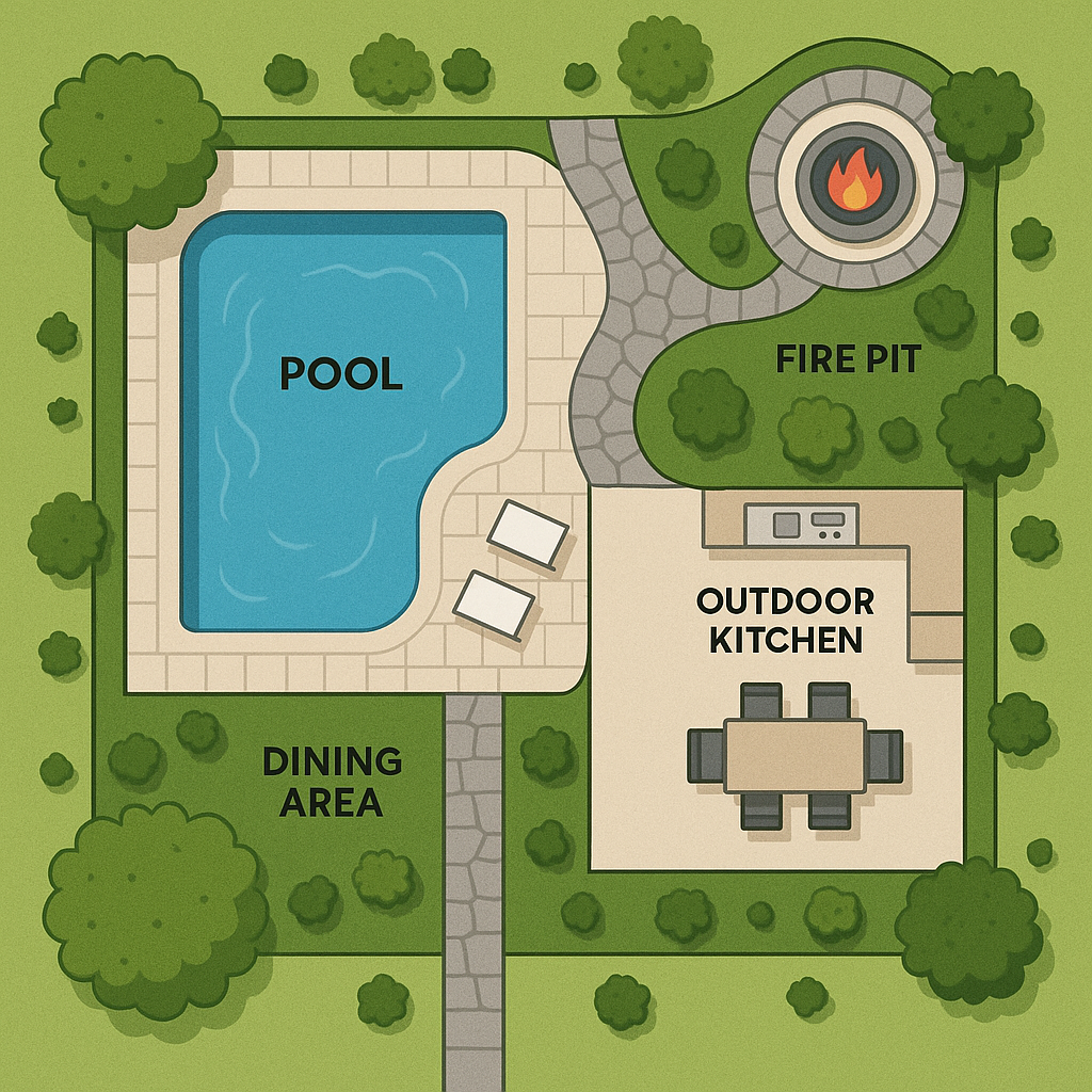 Illustration of how a pool fits into a full backyard plan