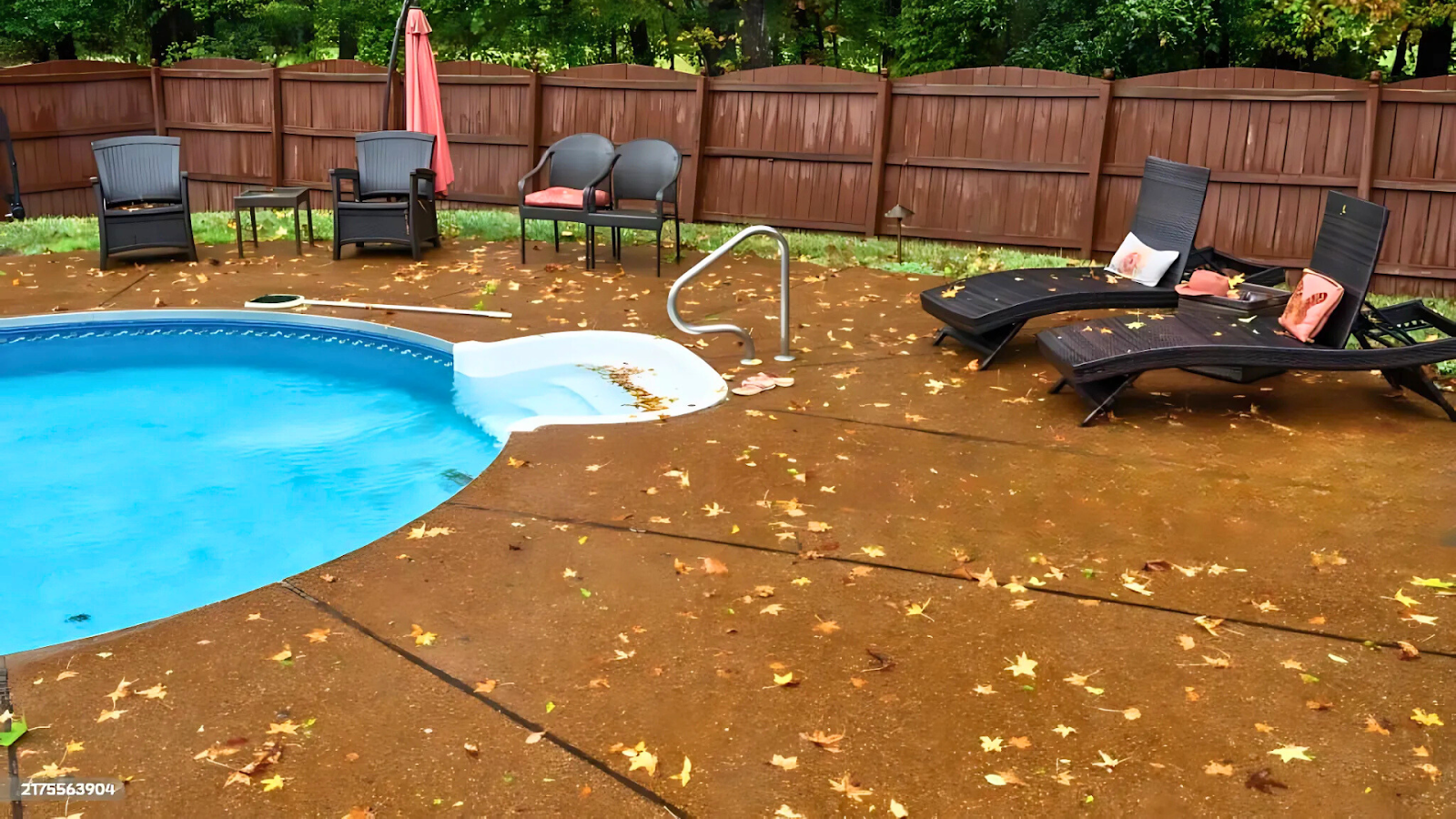 Swimming pool contaminated with debris after heavy storm