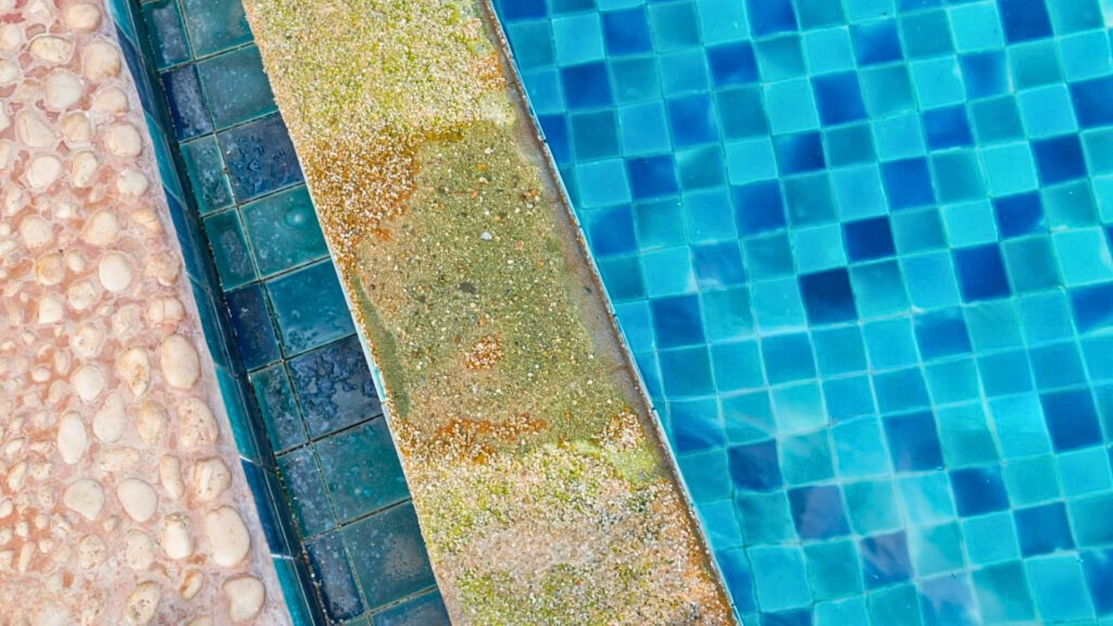 Calcium scale deposits on pool tiles and glass