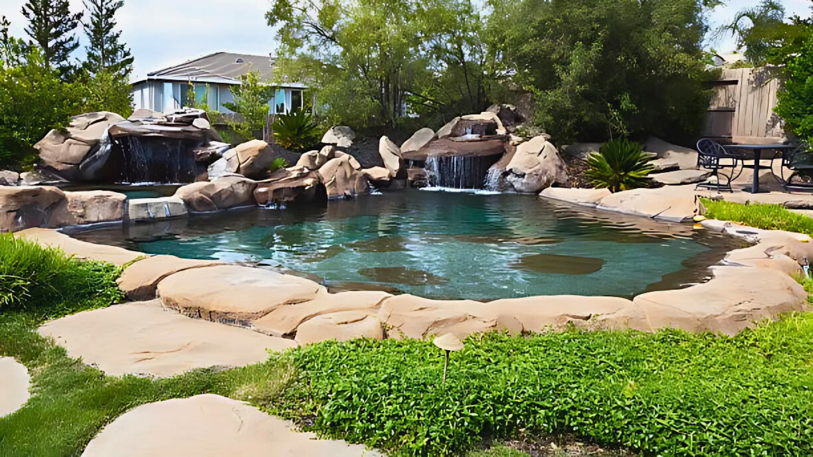 Natural swimming pool with plant-based filtration and organic design