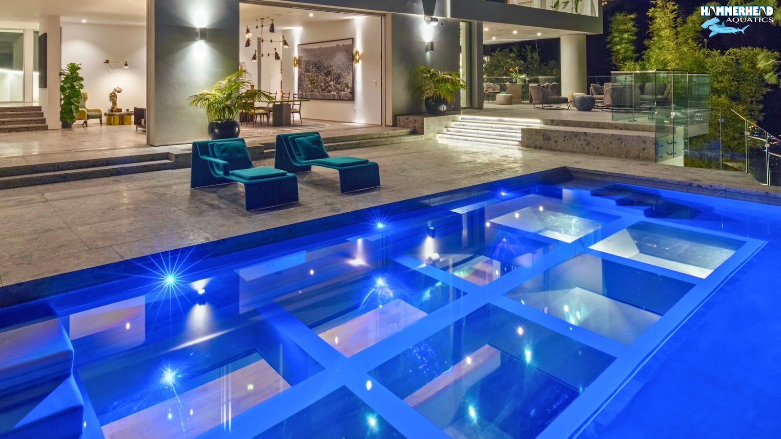Swimming pool with artistic LED and fiber-optic lighting effects