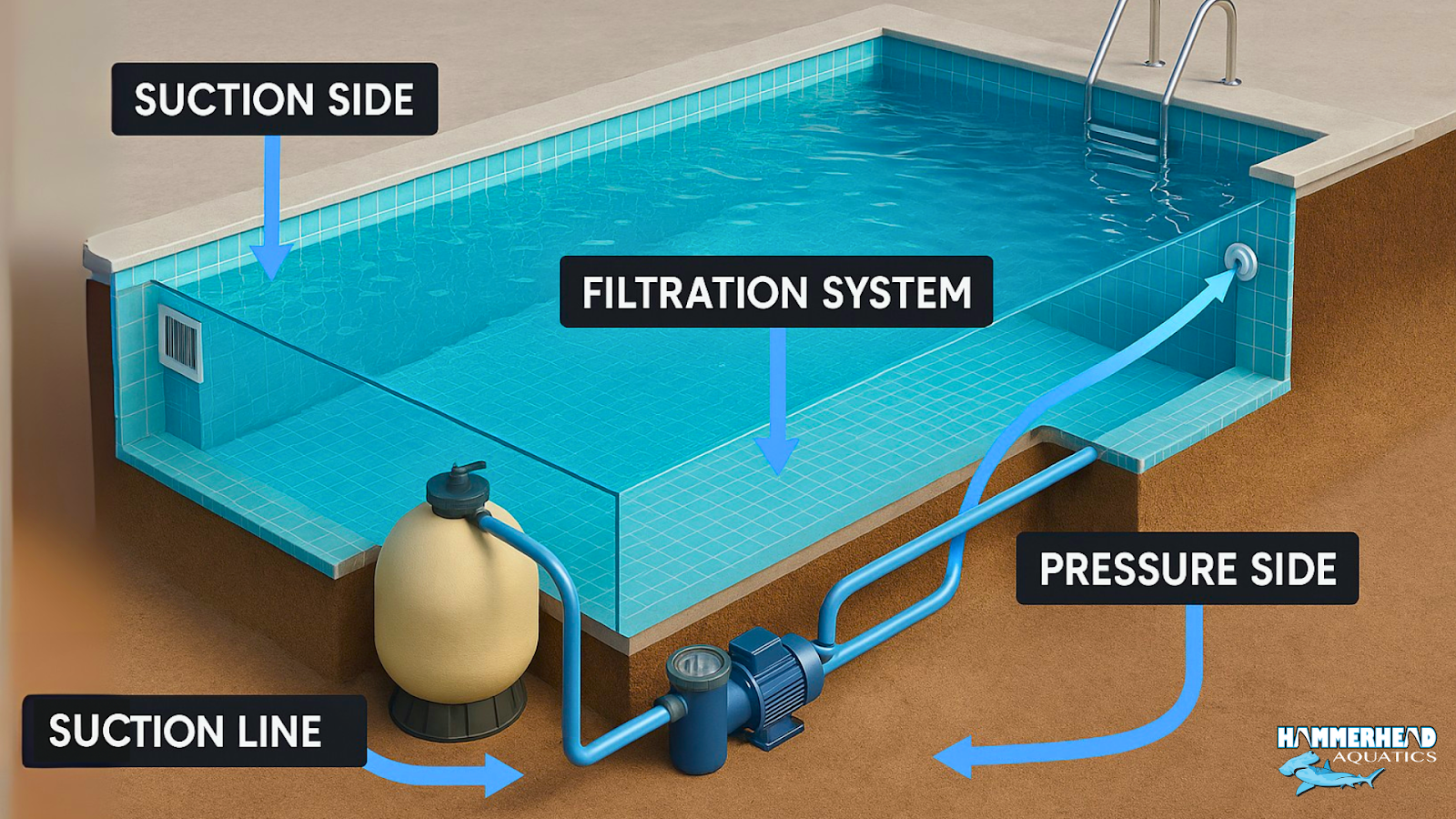 Diagram of swimming pool anatomy with suction, filtration, and pressure side plumbing