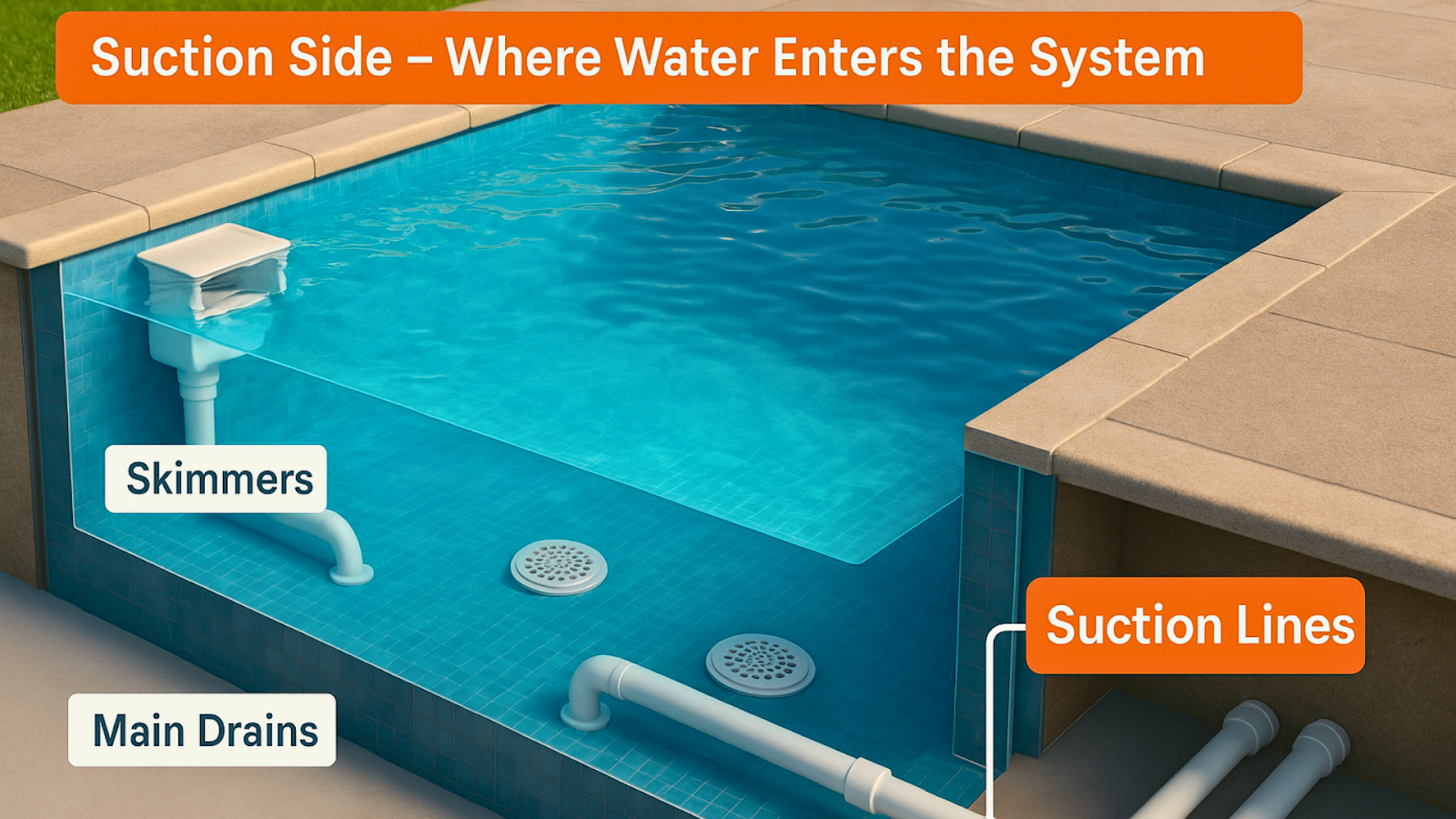 Swimming pool suction side with skimmers, drains, and suction lines