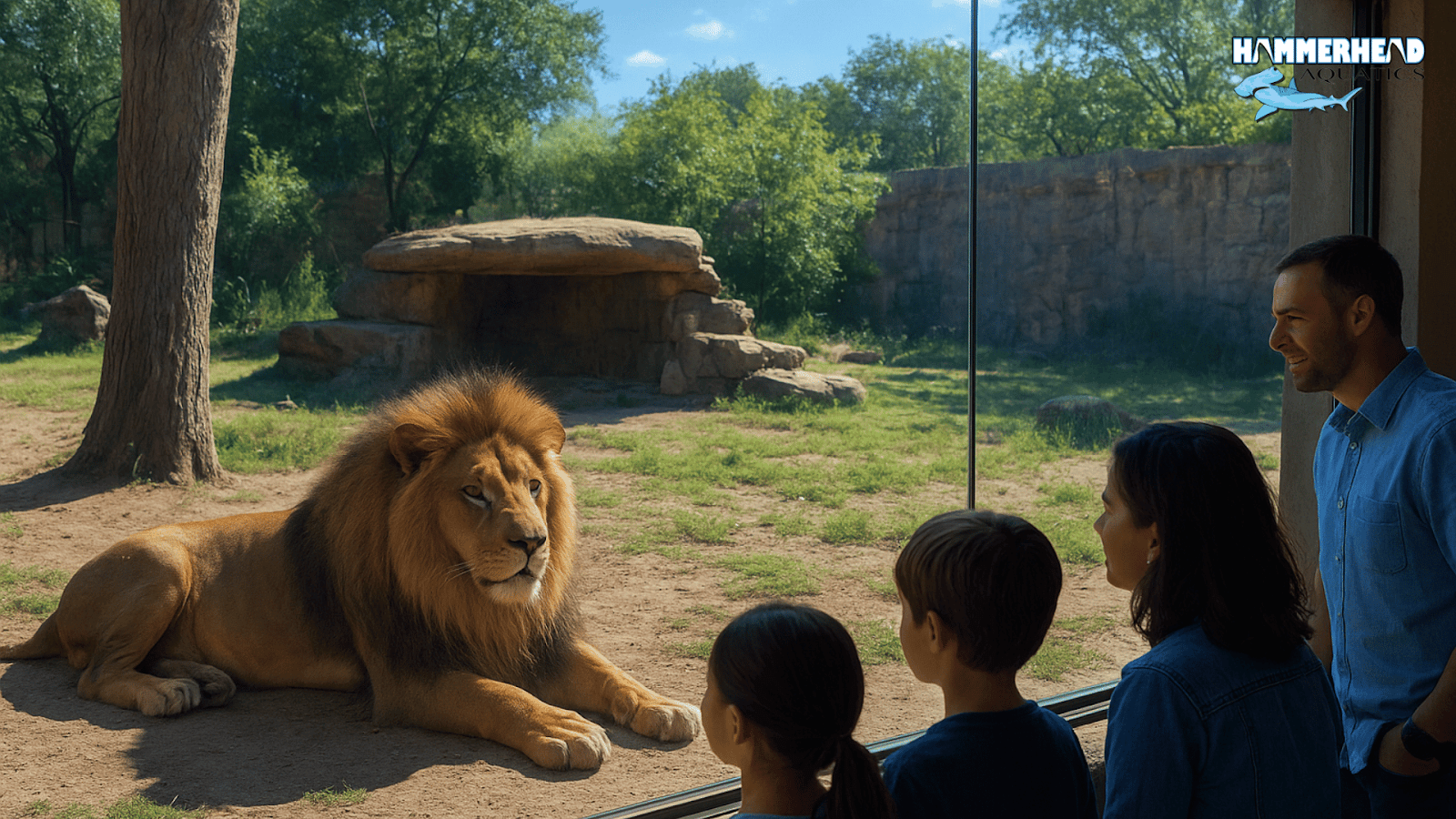 Lion viewed clearly through anti-reflective zoo glass with no reflections.