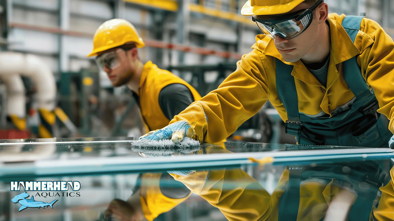 Experts installing laminated safety glass panel for zoo enclosure.