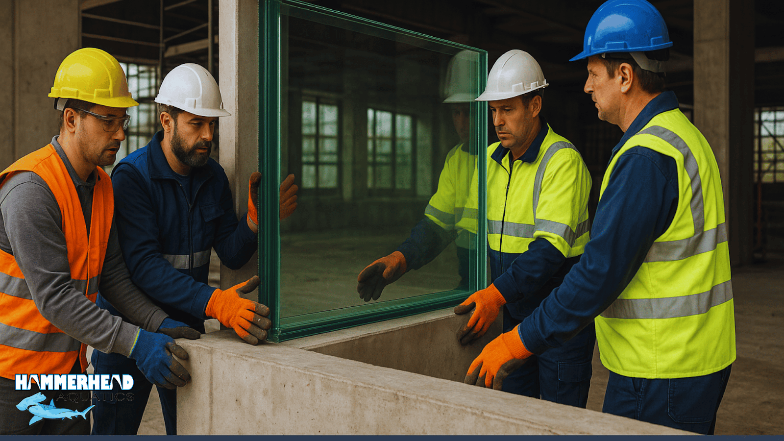 Expert team installing laminated aquarium glass panel for public exhibit.