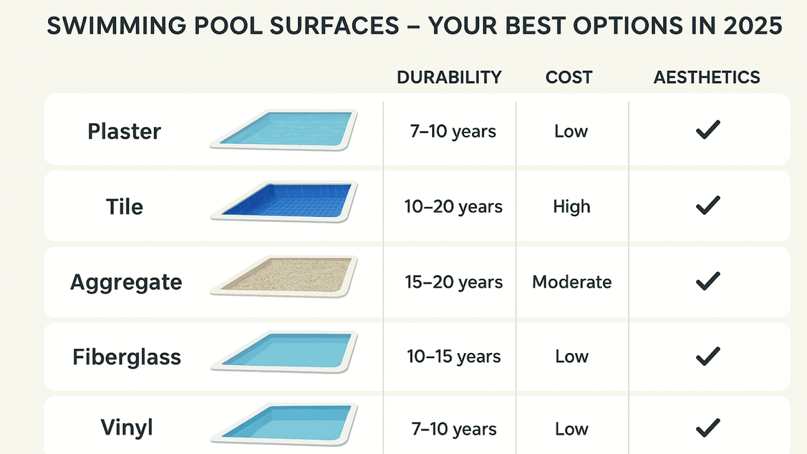 Comparison of swimming pool surface options including plaster, tile, aggregate, fiberglass, vinyl, and polymer coatings.