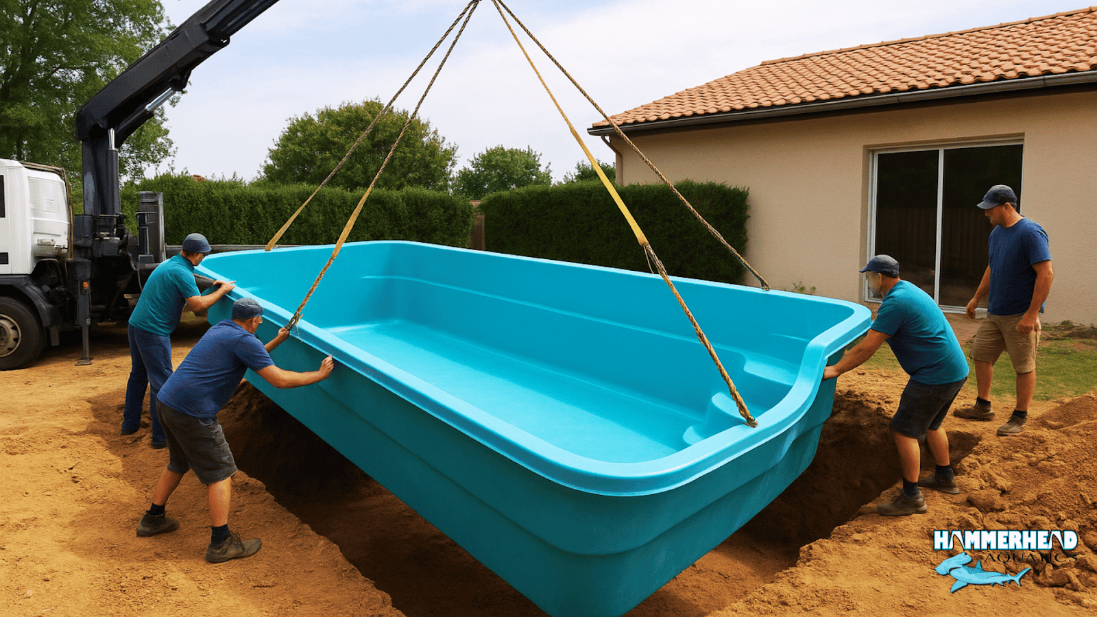 Fiberglass swimming pool shell installation with smooth gel-coat surface.