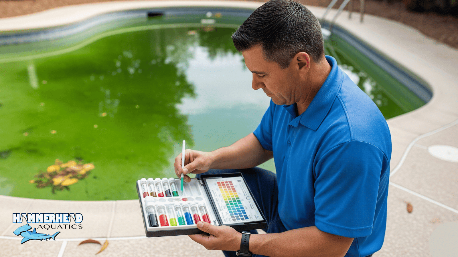 Pool professional testing green swimming pool water with DPD test kit.
