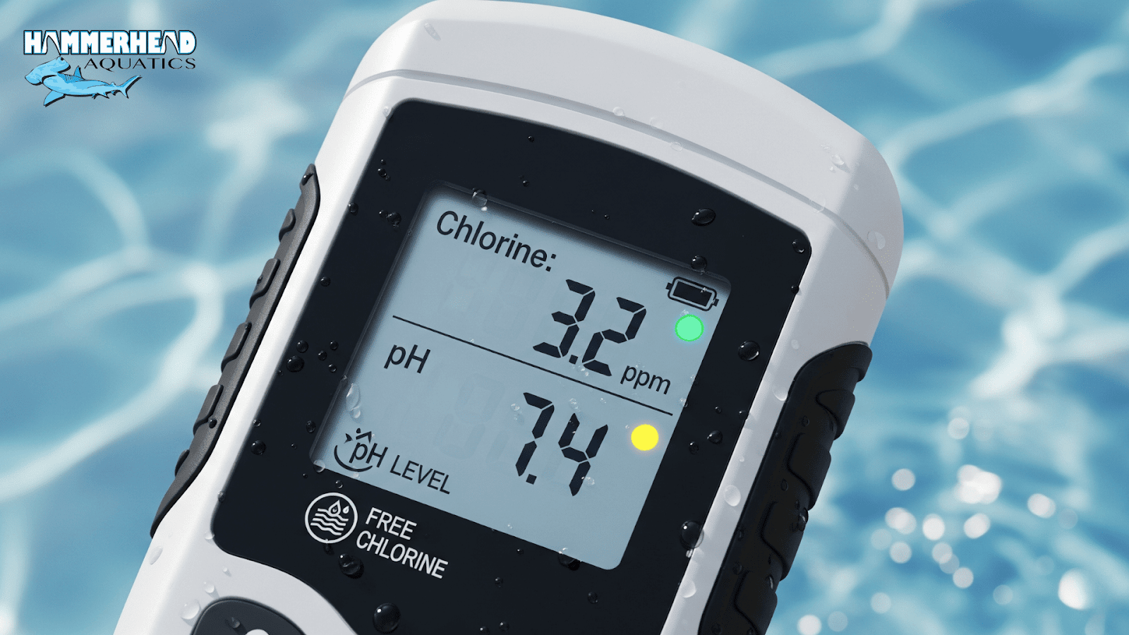 Digital pool water test showing chlorine and pH levels for algae treatment.