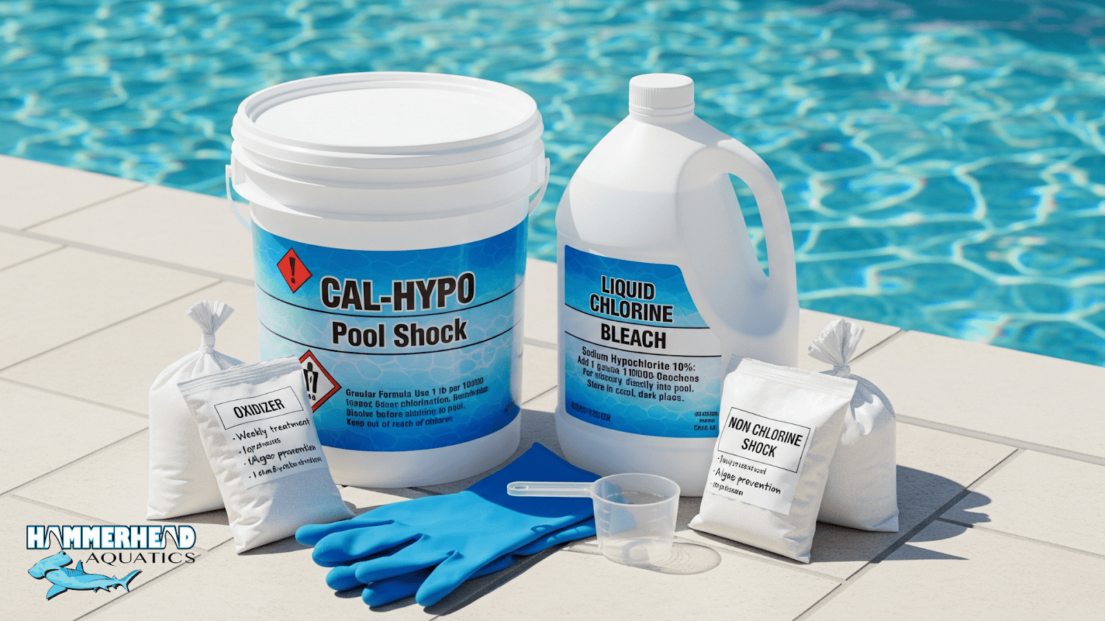 Calcium hypochlorite and liquid bleach used as pool shock for clearing green water.