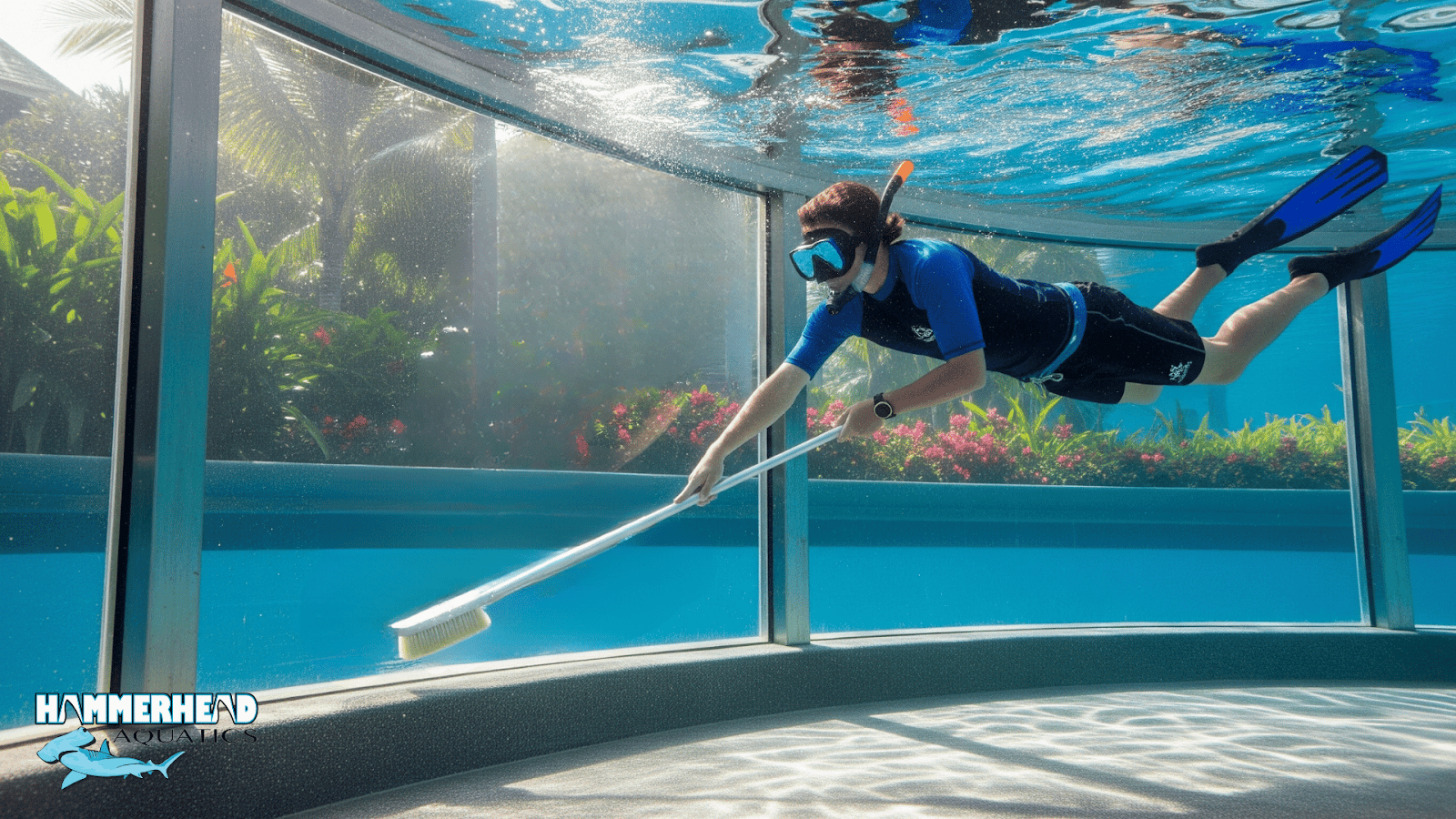 Pool technician using a soft brush to clean algae around acrylic pool window.