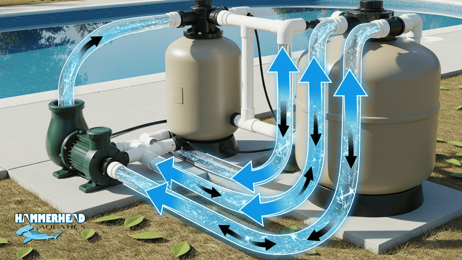 Swimming pool pump and filter running 24/7 to clean algae.