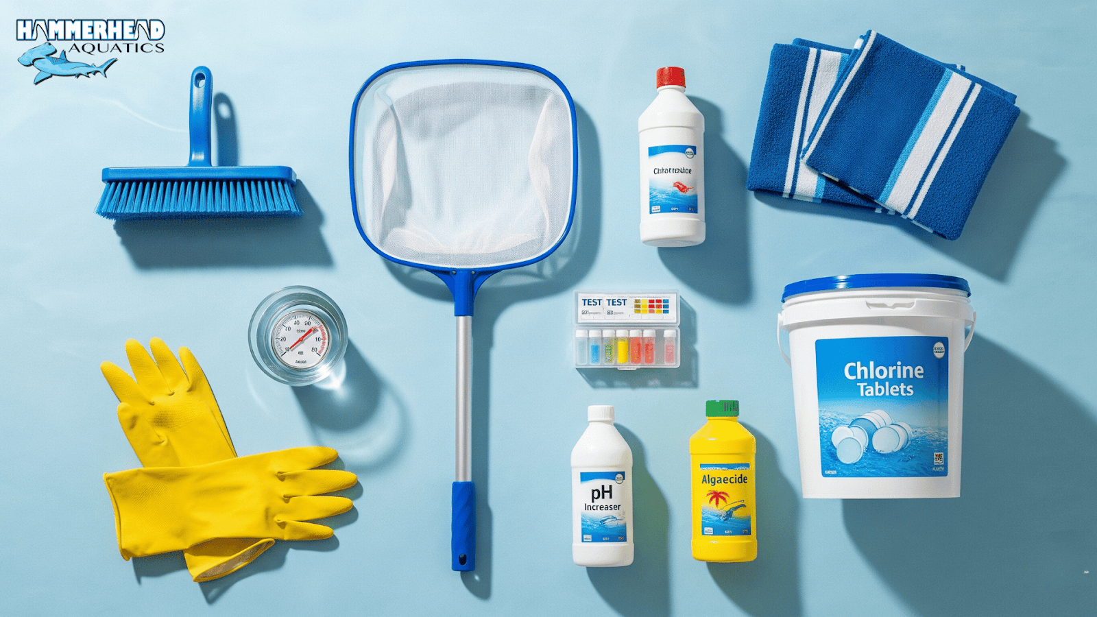 Essential pool maintenance tools including test kit, shock, brushes, clarifier, and microfiber cloths.