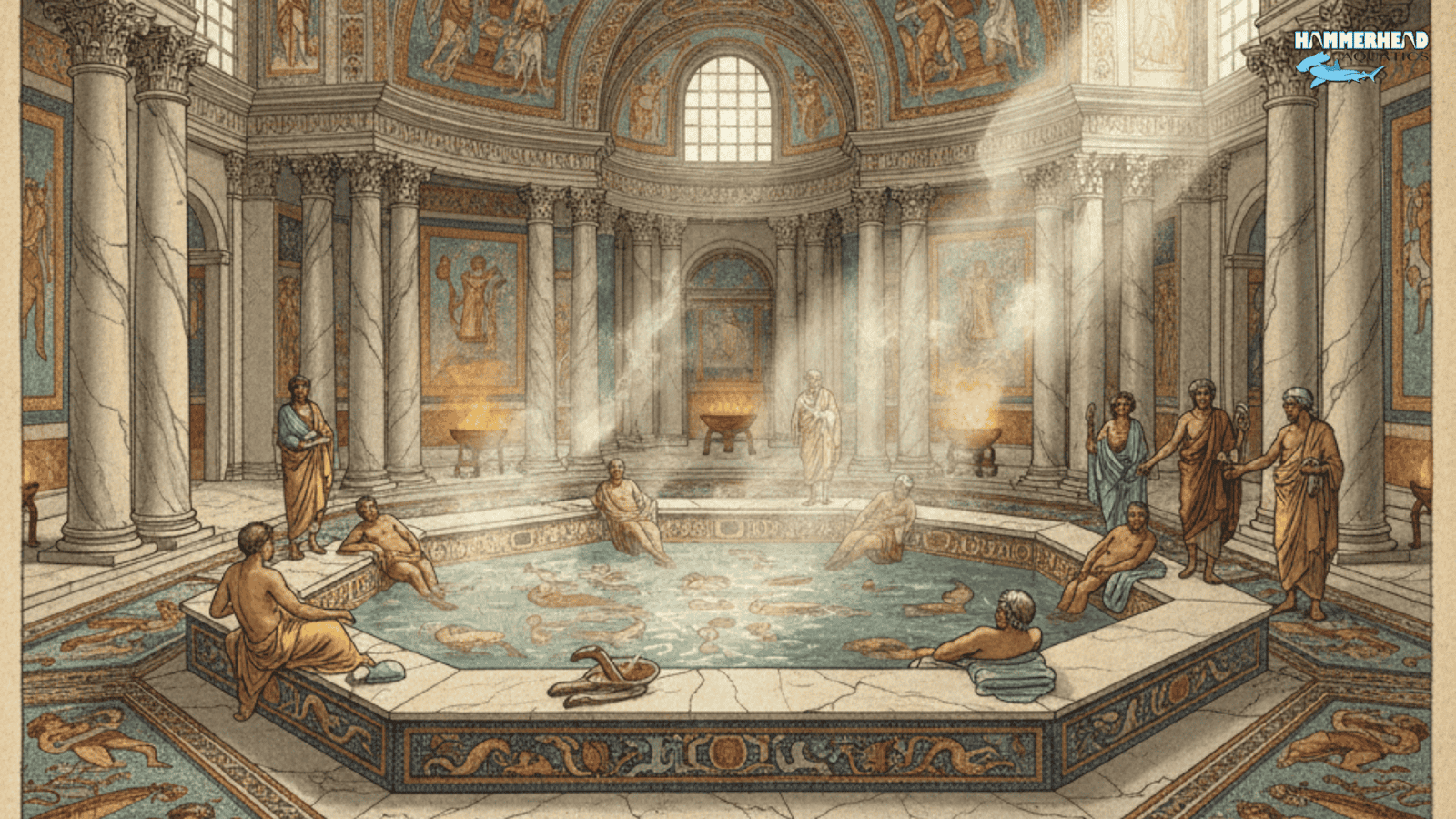 Roman swimming pool with mosaic floors and early heating system