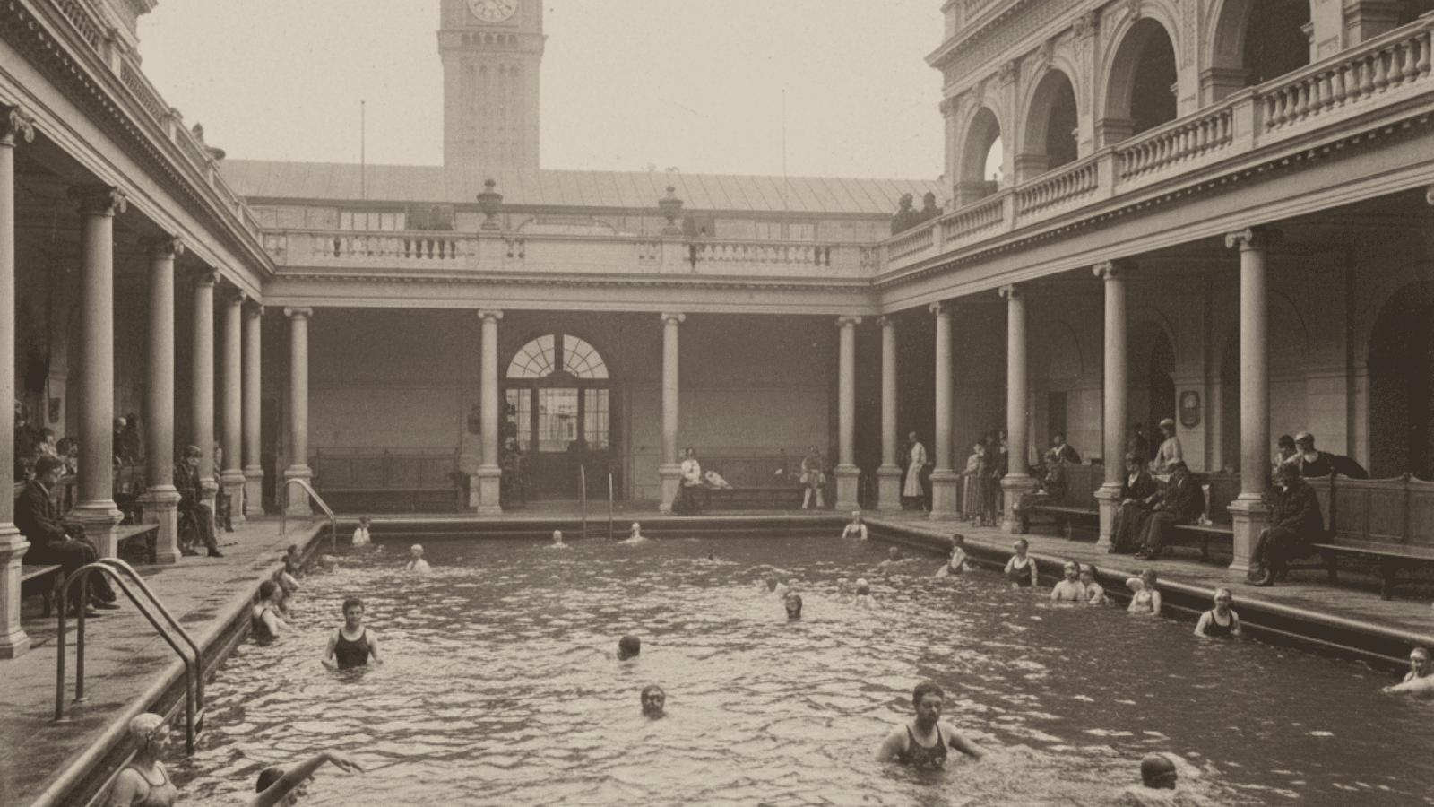 Historic public swimming pool in 19th century London