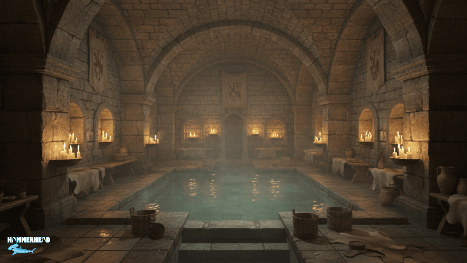 Medieval stone bathhouse pool design resembling early Renaissance baths