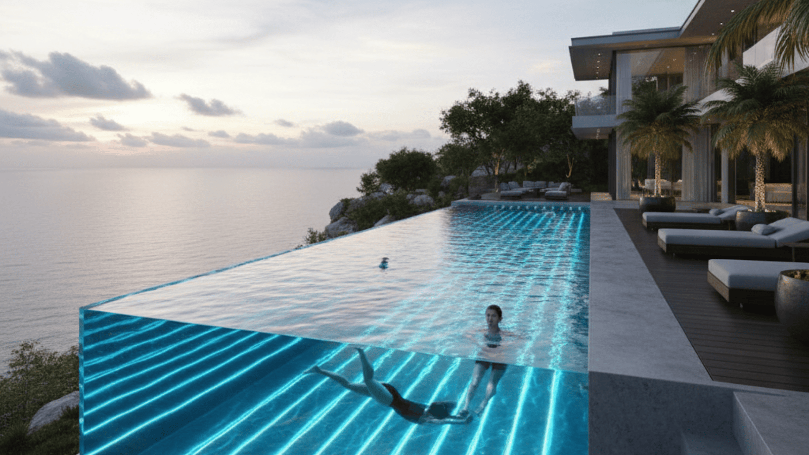 Contemporary swimming pool with LED lighting and acrylic window