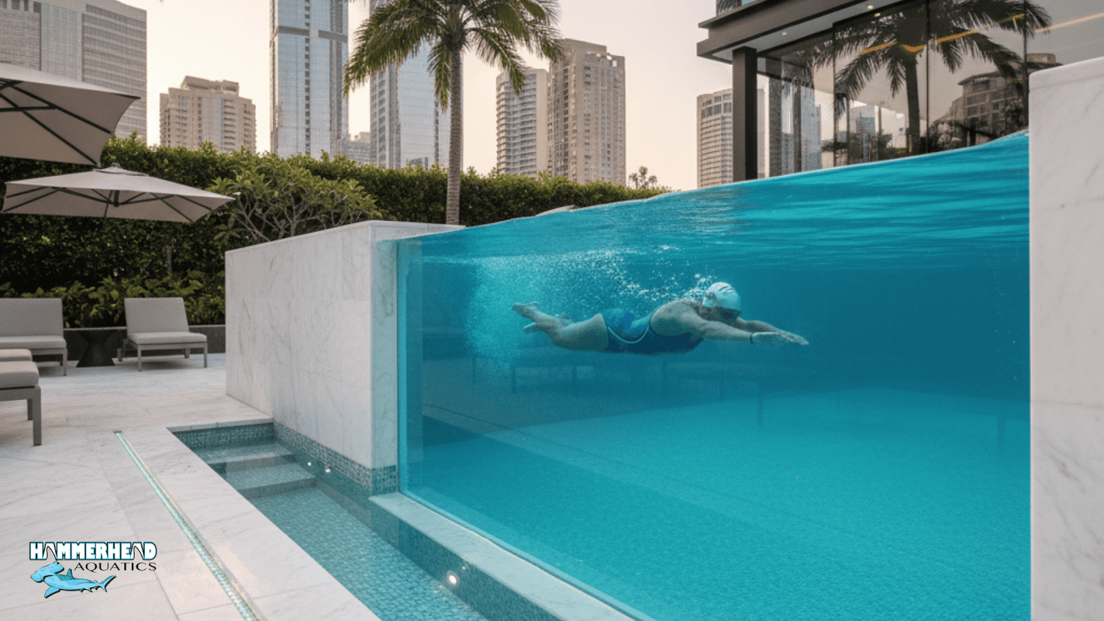 Acrylic pool window with swimmer visible underwater