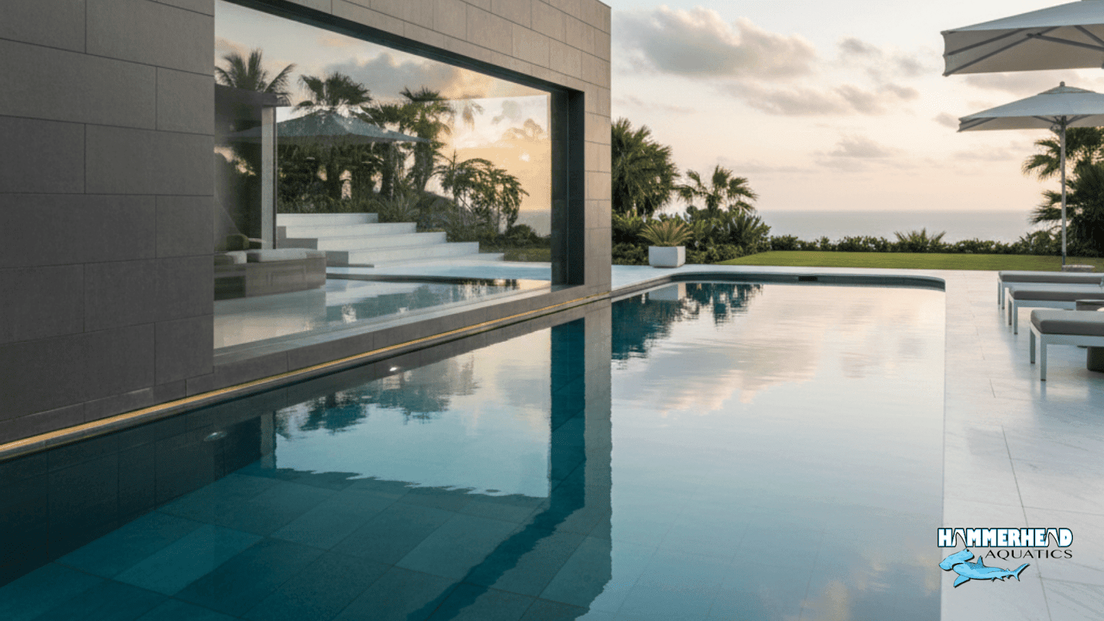 Luxury swimming pool with acrylic viewing window and waterproof finish