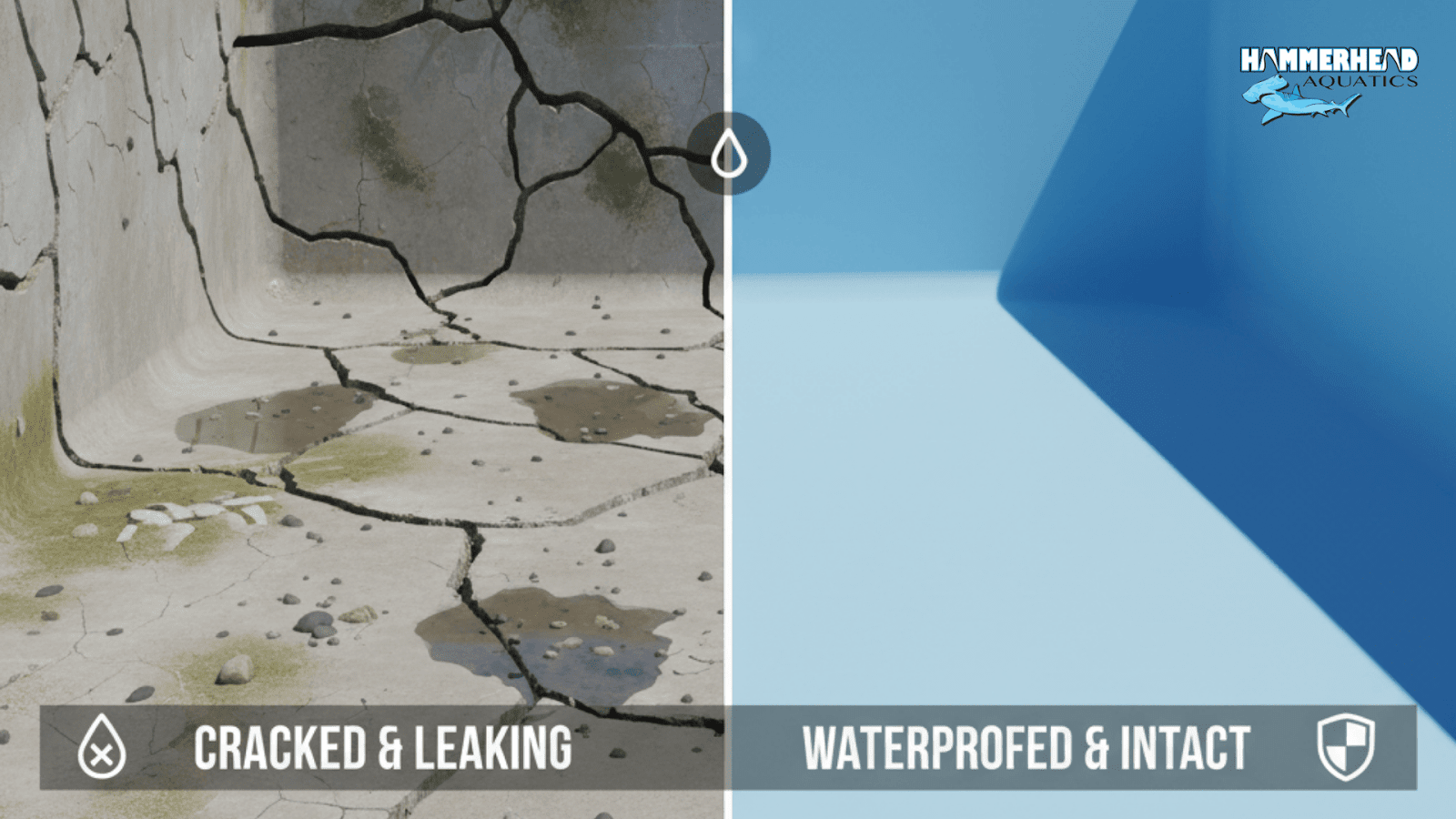 Comparison of cracked pool shell versus properly waterproofed swimming pool