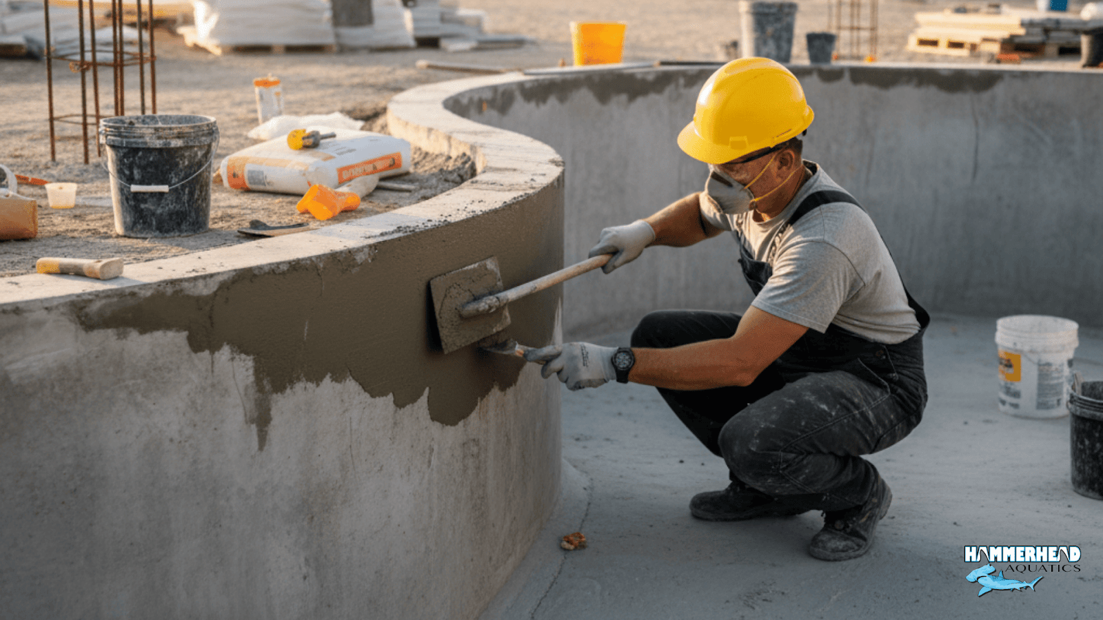 Concrete pool shell preparation before applying waterproofing membrane
