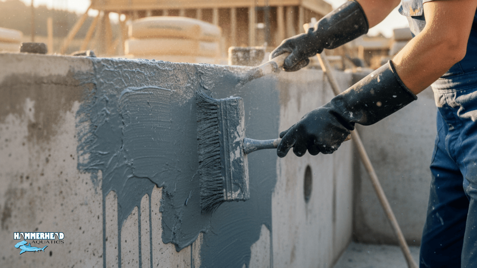 Application of liquid waterproofing membrane on swimming pool wall