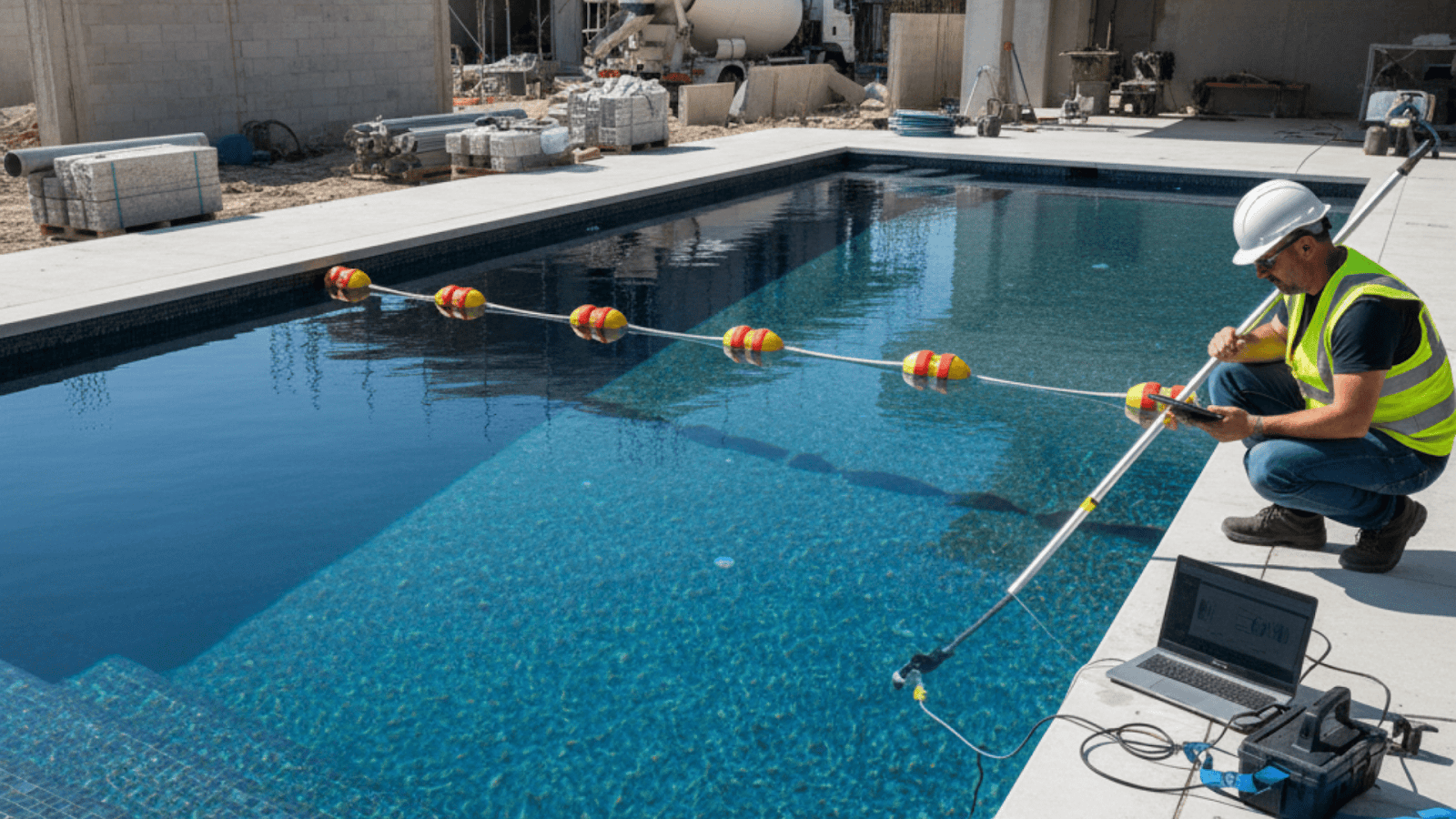 Technician performing leak testing in swimming pool waterproofing process