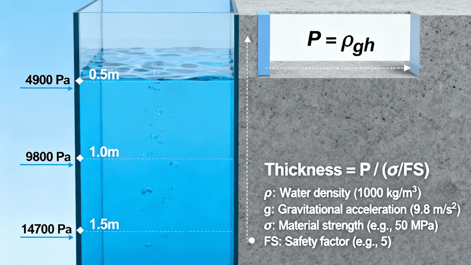 Diagram of hydrostatic pressure and window thickness calculation for large aquariums