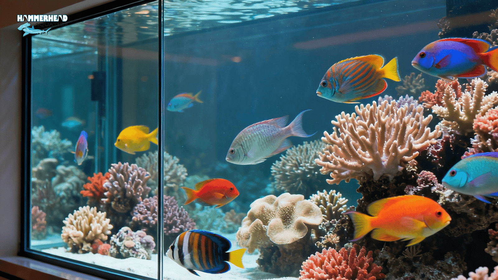 Large aquarium with clear glass window showcasing vibrant fish and coral