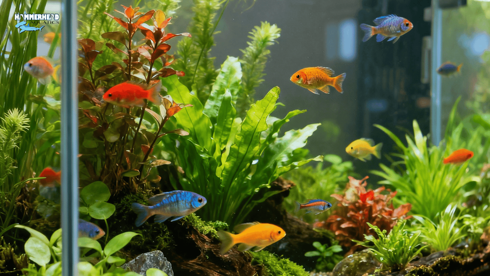Perfectly maintained aquarium with crystal-clear glass showcasing healthy fish and plants