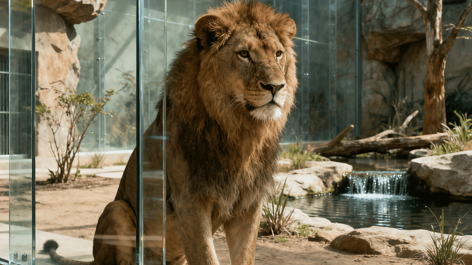 Zoo window in an animal enclosure providing a clear view of the animals