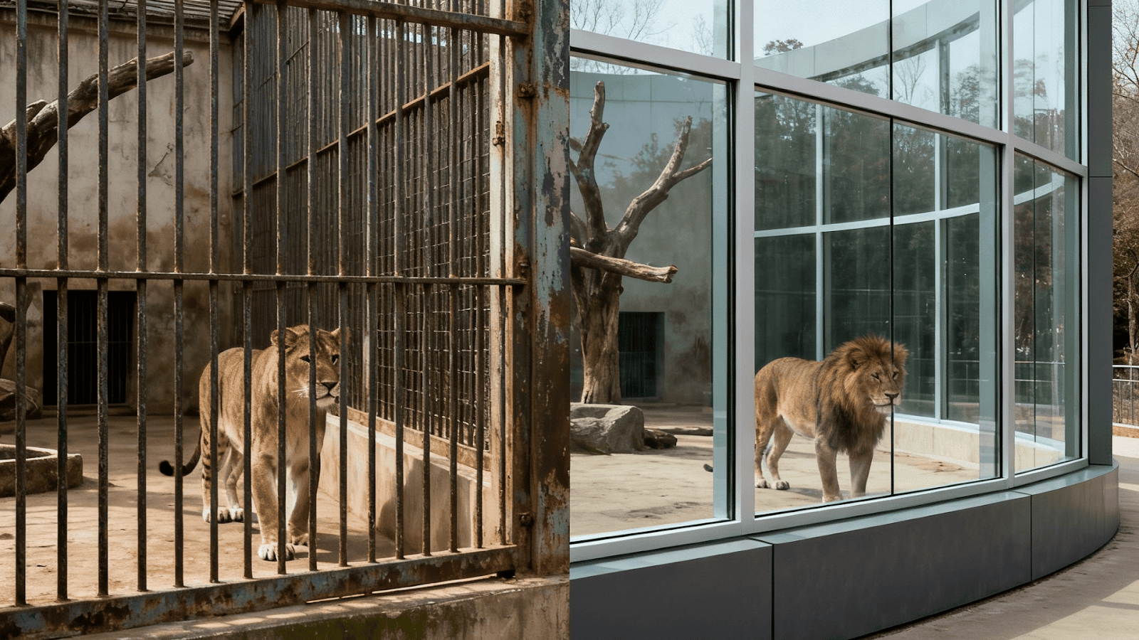Comparison between traditional zoo bars and modern zoo windows for better animal visibility