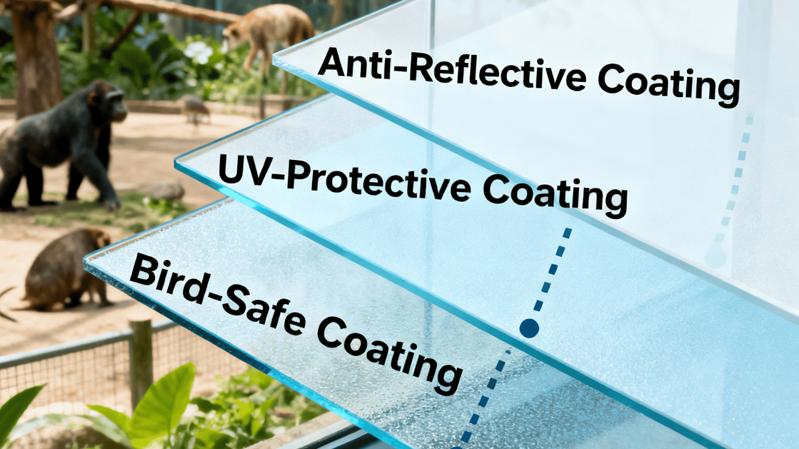 Zoo window with specialized anti-reflective and bird-safe UV coatings for animal welfare